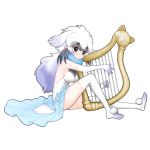  animal_ears bare_shoulders black_hair elbow_gloves extra_ears eyebrows_visible_through_hair from_side full_body fur_collar gloves gradient_hair grey_hair harp harp_seal_(kemono_friends) instrument ise_(0425) kemono_friends leotard long_hair looking_at_viewer multicolored_hair pom_pom_(clothes) simple_background sitting solo tail thick_eyebrows thighhighs white_background white_gloves white_hair white_legwear 
