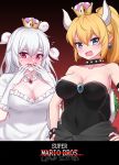  armlet bangs bare_shoulders black_dress black_nails blonde_hair blue_dress blue_eyes blush boo bowsette bracelet breasts cleavage collar collarbone commentary_request copyright_name covered_navel covering_face crown dress earrings embarrassed eyebrows_visible_through_hair fangs flying_sweatdrops frilled_dress frills full-face_blush gem ghost gradient gradient_background hair_between_eyes hand_up hands_on_hips highres horns jewelry long_hair luigi's_mansion mario_(series) medium_breasts multiple_girls nail_polish narynn neck_garter new_super_mario_bros._u_deluxe open_mouth pointy_ears ponytail princess_king_boo purple_eyes red_background sharp_teeth short_sleeves spiked_armlet spiked_bracelet spiked_collar spiked_shell spikes strapless strapless_dress super_crown sweat teeth title_parody turtle_shell upper_body v-shaped_eyebrows very_long_hair white_dress white_hair 