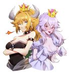  :d :p bare_shoulders blonde_hair blue_eyes blush bowsette breasts cleavage commentary crossed_arms crown dress earrings fang fire ghost gloves grin highres horns jewelry luigi's_mansion mario_(series) md5_mismatch medium_breasts multiple_girls namunamu_(kkyyao) new_super_mario_bros._u_deluxe open_mouth princess_king_boo puffy_short_sleeves puffy_sleeves purple_eyes sharp_teeth shell short_sleeves simple_background smile spiked_shell strapless strapless_dress super_crown teeth tongue tongue_out upper_body white_background white_hair 