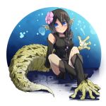  bare_shoulders black_hair blue_eyes blush borrowed_character braid crossed_legs detached_sleeves flower full_body hair_between_eyes hair_flower hair_ornament head_fins large_tail lizard_girl long_hair looking_at_viewer monster_girl nanostar original paws sitting smile solo tail transparent_background tunic v-shaped_eyebrows 