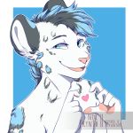 &lt;3 anthro biped english_text feline fur hair happy leopard male mammal nockynthesis nude signature simple_background smile snow_leopard text victory_(texdot) 