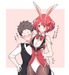  1girl animal_ears blush breasts brown_hair bunny_ears bunny_girl bunny_tail bunnysuit detached_collar fake_animal_ears formal gloves homura_(xenoblade_2) large_breasts mochimochi_(xseynao) pantyhose red_eyes red_hair rex_(xenoblade_2) short_hair simple_background smile suit tail tiara wrist_cuffs xenoblade_(series) xenoblade_2 