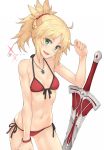  :d arm_up artoria_pendragon_(all) ass_visible_through_thighs bangs bare_arms bare_shoulders bikini black_ribbon braid breasts clarent collarbone cosplay cowboy_shot dan_(kumadan) dated eyebrows_visible_through_hair fate/grand_order fate_(series) french_braid front-tie_bikini front-tie_top green_eyes hand_on_own_thigh head_tilt jewelry long_hair long_sleeves looking_at_viewer mordred_(fate)_(all) mordred_(swimsuit_rider)_(fate) mysterious_heroine_xx_(foreigner) mysterious_heroine_xx_(foreigner)_(cosplay) navel necklace open_mouth parted_bangs pendant red_bikini ribbon side-tie_bikini sidelocks simple_background small_breasts smile solo sparkle stomach swimsuit sword teeth thighs underboob weapon white_background wristband 