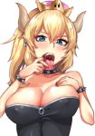  :p absurdres areola_slip areolae black_nails blonde_hair blue_eyes blush bowsette breasts cleavage collarbone crown earrings hand_on_own_chest highres horns jewelry large_breasts looking_at_viewer mario_(series) nail_polish new_super_mario_bros._u_deluxe nipple_slip nipples open_mouth pointy_ears ponytail risenegi saliva sharp_teeth simple_background sleeveless solo strapless super_crown teeth tongue tongue_out upper_body white_background 