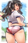  alternate_costume ass ass_cutout ass_focus bangs between_buttocks blue_sky blush border breasts brown_eyes brown_hair buruma commentary_request cowboy_shot crop_top curly_hair day double_vertical_stripe eyebrows_visible_through_hair from_behind furrowed_eyebrows gym_shirt hair_between_eyes highres holding kantai_collection lace lace-trimmed_panties large_breasts long_hair looking_at_viewer looking_back multicolored_hair naganami_(kantai_collection) nose_blush open_mouth outdoors outside_border panties pink_hair pink_panties ponytail raised_eyebrow relay_baton shirt short_sleeves sky solo standing striped striped_panties thighs two-tone_hair underwear white_border white_shirt yoshi_tama 