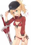  :d arm_up artoria_pendragon_(all) ass_visible_through_thighs bangs baseball_cap bikini black_hat black_ribbon braid breasts clarent commentary cosplay cowboy_shot dan_(kumadan) dated eyebrows_visible_through_hair fate/grand_order fate_(series) french_braid front-tie_bikini front-tie_top green_eyes hand_on_headwear hand_on_own_thigh hat head_tilt long_hair long_sleeves looking_at_viewer mordred_(fate) mordred_(fate)_(all) mysterious_heroine_xx_(foreigner) mysterious_heroine_xx_(foreigner)_(cosplay) navel open_mouth parted_bangs red_bikini ribbon shrug_(clothing) side-tie_bikini sidelocks simple_background small_breasts smile solo sparkle stomach swimsuit sword teeth thighs underboob weapon white_background wristband zipper zipper_pull_tab 