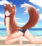  all_fours animal_ears ass beach bikini brown_hair cloud commentary cslucaris english_commentary eyebrows_visible_through_hair holo long_hair looking_at_viewer ocean red_eyes signature sky smirk solo spice_and_wolf swimsuit tail wolf_ears wolf_tail 