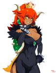 black_dress black_nails blush bowsette bracelet breasts bright_pupils cleavage collar covered_navel cowboy_shot crown dark_skin dress earrings eyebrows_visible_through_hair gem glint hair_between_eyes hand_up highres horns jewelry large_breasts lizard_tail looking_at_viewer mario_(series) nail_polish new_super_mario_bros._u_deluxe orange_eyes pointy_ears ponytail red_hair reddgeist shell signature simple_background slit_pupils smile solo spiked_armlet spiked_bracelet spiked_collar spiked_shell spiked_tail spikes super_crown tail turtle_shell white_background 
