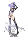  altines blue_eyes blue_hair boots breasts busou_shinki character_name contrapposto hand_in_hair highres mecha_musume mechanical_arms misenouchi navel short_hair small_breasts solo thigh_boots thighhighs thighs white_background 