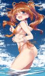  ;d bikini blue_eyes blue_sky breasts cloud cowboy_shot day highres idolmaster idolmaster_(classic) long_hair looking_at_viewer one_eye_closed open_mouth orange_bikini orange_hair sailor_collar shift_(waage) sky small_breasts smile solo swimsuit takatsuki_yayoi twintails water white_sailor_collar wrist_cuffs 