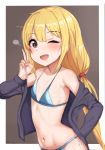  ;d absurdres bikini black_jacket blonde_hair blue_bikini brown_eyes flat_chest futaba_anzu grey_background highres idolmaster idolmaster_cinderella_girls jacket long_hair looking_at_viewer low_twintails one_eye_closed open_clothes open_jacket open_mouth risenegi smile solo swimsuit twintails twitter_username v 