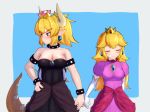  bare_shoulders black_dress black_nails blonde_hair blue_eyes blush bowsette bracelet breasts cleavage closed_eyes closed_mouth collar collarbone commentary_request crown dress earrings elbow_gloves eyebrows_visible_through_hair facing_viewer gloves iwahana jewelry large_breasts long_hair looking_away mario_(series) multiple_girls nail_polish new_super_mario_bros._u_deluxe pink_dress pointy_ears princess_peach short_hair short_ponytail smile spiked_bracelet spiked_collar spikes super_crown white_gloves 