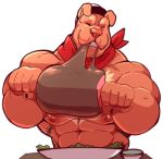  2018 5_fingers anthro canine eating food male mammal meat_on_bone muscular muscular_male nipples pecs scarf solo taoren tattoo 