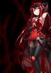  absurdres alice360 arm_up armpits bangs blood blunt_bangs buckle character_doll collarbone commentary_request crimson_avenger_(elsword) cross-laced_clothes dark_background disdain elesis_(elsword) elsword elsword_(character) eyebrows_visible_through_hair hand_on_own_forehead highres holding legs_together long_hair looking_at_viewer looking_down narrowed_eyes open_mouth red_background red_hair side_slit silver_trim solo very_long_hair yellow_eyes 