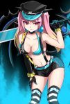  armpits bare_shoulders bending_forward bracelet breasts chain cleavage collarbone crimson_avenger_(elsword) elesis_(elsword) elsword eyebrows_visible_through_hair gradient_hair hat highres holding holding_weapon jewelry midriff multicolored_hair navel smile spiked_bracelet spikes sword symbol twintails weapon 