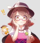  +_+ 2girls 60mai :3 :d :t animal_ears bangs black_cape black_hat blonde_hair blush bow brown_eyes brown_hair brown_hat bunny_ears cape cellphone commentary crop_top dango eyebrows_visible_through_hair flat_cap food glasses grey_background hand_on_own_cheek hand_up hat hat_bow high_collar holding holding_food holding_phone looking_at_viewer low_twintails midriff multiple_girls navel open_mouth orange_shirt phone puffy_short_sleeves puffy_sleeves purple_vest red-framed_eyewear ringo_(touhou) sanshoku_dango shirt short_hair short_sleeves simple_background skull smartphone smile stomach touhou twintails upper_body usami_sumireko v vest violet_detector wagashi white_bow white_shirt |_| 