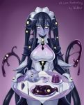  alternate_hairstyle artist_name black_sclera blush breasts closed_mouth commentary covered_nipples cowboy_shot cup dress eldritch_abomination extra_eyes fingernails food fork hair_between_eyes holding knife large_breasts long_hair maid maid_headdress monster_girl monster_girl_encyclopedia plate pudding purple_skin red_background shoggoth_(monster_girl_encyclopedia) signature smile solo spoon standing teacup teapot tentacles tissue tray twintails valldor very_long_hair watermark web_address white_dress yellow_eyes 