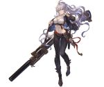 arm_up bangs belt boots breasts brown_eyes cleavage closed_mouth collarbone full_body granblue_fantasy gun huge_weapon jacket long_hair looking_at_viewer medium_breasts midriff minaba_hideo navel official_art open_clothes pants ponytail rifle scope serious shiny shiny_hair silva_(granblue_fantasy) silver_hair sniper_rifle solo transparent_background weapon 