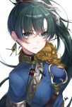  aqua_eyes bangs blue_dress blush breasts closed_mouth commentary_request dress earrings eyebrows_visible_through_hair fire_emblem fire_emblem:_rekka_no_ken fire_emblem_heroes gem green_hair hair_ornament highres jewelry long_hair lyndis_(fire_emblem) medium_breasts muneate necklace ponytail ringozaka_mariko shiny shiny_hair short_sleeves signature simple_background solo upper_body v-shaped_eyebrows very_long_hair white_background 