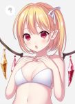  :o ? bangs bare_arms bare_shoulders bikini blonde_hair blush breasts cleavage collarbone commentary crystal eyebrows_visible_through_hair flandre_scarlet grey_background hair_between_eyes hair_ribbon hands_on_own_chest hands_up highres looking_at_viewer medium_breasts nail_polish navel no_hat no_headwear one_side_up open_mouth pointy_ears red_eyes red_nails ribbon shiny shiny_skin short_hair simple_background skindentation solo spoken_question_mark stomach swimsuit touhou upper_body white_bikini white_ribbon wings yamayu 