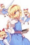  &gt;:( alice_margatroid bangs blonde_hair blue_dress blue_eyes book bow bowtie brown_footwear capelet commentary_request cowboy_shot dress eyebrows_visible_through_hair floating hair_between_eyes hair_bow hairband hand_up head_tilt holding holding_book holding_weapon juliet_sleeves kaiza_(rider000) lance long_hair long_sleeves looking_at_viewer mary_janes multiple_girls petticoat pink_neckwear pink_sash polearm puffy_sleeves puppet_strings red_bow red_hairband red_neckwear sash shanghai_doll shirt shoes short_hair sidelocks simple_background smile socks standing touhou very_long_hair weapon white_background white_capelet white_legwear white_shirt 