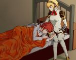  aegis_(persona) android bed bed_frame blanket blonde_hair bow closed_eyes female_protagonist_(persona_3) flauschtraut hand_on_another's_shoulder headphones long_sleeves looking_at_another lying medium_hair multiple_girls on_side persona persona_3 persona_3_portable red_hair red_neckwear red_ribbon ribbon robot_joints short_hair sitting sleeping yuri 