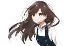  arashio_(kantai_collection) arms_behind_back bangs blush brown_eyes brown_hair collared_shirt commentary_request dress floating_hair highres kantai_collection long_hair long_sleeves looking_at_viewer morinaga_miki pinafore_dress shirt sidelocks smile solo suspenders upper_body white_shirt wind 