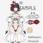  ban black_hair breasts cowboy_shot crown detached_sleeves expressionless eyebrows_visible_through_hair gloves halterneck looking_at_viewer medium_breasts navel original puffy_sleeves red_eyes standing thigh_gap 