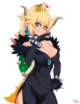  absurdres black_dress black_nails blonde_hair blue_eyes blush bowsette bracelet breasts bright_pupils cleavage collar commentary covered_navel cowboy_shot crown dress earrings english_commentary eyebrows_visible_through_hair gem glint hair_between_eyes hand_up highres horns jewelry large_breasts lizard_tail looking_at_viewer mario_(series) nail_polish new_super_mario_bros._u_deluxe pointy_ears ponytail reddgeist shell signature simple_background slit_pupils smile solo spiked_armlet spiked_bracelet spiked_collar spiked_shell spiked_tail spikes super_crown tail turtle_shell white_background 