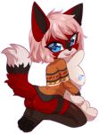  anthro blue_eyes bottomless butt_pose canine chibi claralaine clothed clothing female fox jess_(ajdurai) kneeling legwear looking_back mammal plushie rear_view solo stockings sweater thigh_highs 