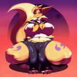  2018 anthro big_breasts breasts canine clothing cosplay digimon eyewear fan_character female fur_markings glasses green_eyes hi_res kagamine_rin looking_at_viewer mammal mane markings nipple_bulge professor_rena pussy_outline renamon ribbons riendonut serafuku shorts solo spread_legs spreading thick_thighs vocaloid 
