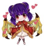  chibi closed_mouth commentary_request dragon_wings fire_emblem fire_emblem:_seima_no_kouseki heart long_hair mamkute miku1201_fe multi-tied_hair myrrh purple_hair red_eyes sandals simple_background solo twintails white_background wings wristband 