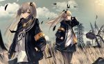  apocalypse armband beckzawachi black_jacket black_legwear brown_hair cloud commentary girls_frontline gloves hands_in_pockets hood hooded_jacket jacket leaf leaves_in_wind looking_up multiple_girls one_side_up power_lines ribbon ruins scar scar_across_eye side_ponytail sign stop_sign tall_grass thighhighs twintails ump45_(girls_frontline) ump9_(girls_frontline) wind yellow_eyes 