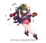  ankle_boots boots bracelet brown_cape chiki closed_mouth dress fire_emblem fire_emblem:_monshou_no_nazo fire_emblem_heroes full_body green_eyes green_hair hands_up headpiece jewelry long_hair nagisa_kurousagi official_art one_eye_closed pink_dress ponytail sash short_dress simple_background solo sweatdrop torn_clothes watermark white_background wristband 