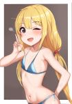  ;d absurdres bikini blonde_hair blue_bikini brown_eyes flat_chest futaba_anzu grey_background highres idolmaster idolmaster_cinderella_girls long_hair looking_at_viewer low_twintails one_eye_closed open_mouth risenegi smile solo swimsuit twintails twitter_username v 