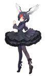  ankle_lace-up bird_wings black_dress black_hair black_legwear black_swan_(kemono_friends) bow bowtie cross-laced_footwear dress eyebrows_visible_through_hair frilled_dress frills full_body hair_between_eyes head_wings ise_(0425) kemono_friends long_sleeves looking_at_viewer multicolored_hair pantyhose red_eyes red_hair short_hair simple_background smile solo spread_wings standing tiptoes white_background white_hair wide_sleeves wings 