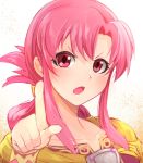  commentary_request ethlin_(fire_emblem) fire_emblem fire_emblem:_seisen_no_keifu highres long_hair nakabayashi_zun open_mouth pink_eyes pink_hair pointing sidelocks simple_background solo white_background 