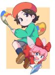  adeleine beret black_legwear blue_eyes blush bow brown_hair closed_mouth crystal eyebrows_visible_through_hair grey_skirt hair_bow hat highres holding holding_paintbrush kirby_(series) kirby_64 looking_at_viewer multiple_girls nazonazo_(nazonazot) open_mouth paint paintbrush palette pink_hair red_bow ribbon_(kirby) short_hair skirt smile socks 