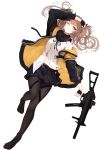  absurdres arm_up bangs belt belt_buckle black_belt black_bow black_gloves black_legwear black_ribbon black_skirt bow breasts brown_eyes brown_hair buckle closed_mouth commentary dress_shirt dutch_angle eyebrows_visible_through_hair fingerless_gloves full_body girls_frontline gloves gun h&amp;k_ump9 hair_bow highres holding holding_gun holding_weapon homo_1121 hood hood_down hooded_jacket jacket long_hair long_sleeves looking_at_viewer lying navel neck_ribbon no_shoes object_namesake on_back one_eye_closed one_side_up open_clothes open_jacket pantyhose pleated_skirt puffy_long_sleeves puffy_sleeves ribbon shirt simple_background skirt small_breasts smile solo ump9_(girls_frontline) weapon white_background white_shirt 