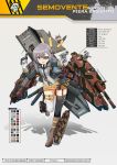  ahoge bangs belt black_legwear blue_eyes boots carrying_over_shoulder coffin combat_knife commentary english_commentary eyepatch gloves ground_vehicle gun hair_ornament hairclip handgun highres holding holding_gun holding_weapon jacket knife leg_up long_hair machinery mecha_musume military military_jacket military_uniform military_vehicle mismatched_legwear motor_vehicle necktie panzer_waltz personification purple_hair revolver rigging semoverte_105/25 shell_casing shirt single_garter_strap solo_focus standing tank thigh_strap thighhighs uniform vest weapon white_gloves white_legwear white_shirt wing_collar xandier59 