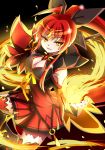  alice360 alternate_color armpits breasts cleavage corruption elsword eyebrows_visible_through_hair fire flame highres holding holding_weapon ignia_(elsword) priestess red_hair smile weapon 