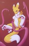  2018 armwear black_sclera breasts bridal_gauntlets canine claws clothing digimon dipstick_tail female fur imminent_sex kekitopu mammal multicolored_fur multicolored_tail nude paws pussy renamon spread_legs spreading tentacles two_tone_fur white_fur yellow_fur 