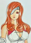  absurdres akaho_(choco_daisuki) beatrix breasts brown_eyes brown_hair cleavage colored_pencil_(medium) commentary_request eyepatch final_fantasy final_fantasy_ix highres large_breasts long_hair solo traditional_media 