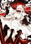  bangs bare_legs breasts cleavage commentary covered_mouth dress fingernails horns kantai_collection kumashige large_breasts long_hair long_sleeves looking_at_viewer midway_hime outstretched_arms red_eyes shinkaisei-kan sidelocks solo very_long_hair white_dress white_hair white_skin wide_sleeves 