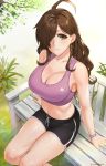  ahoge bench boyshorts breasts brown_eyes brown_hair cleavage commentary earrings english_commentary from_above hair_over_one_eye highres jewelry kono_subarashii_sekai_ni_shukufuku_wo! large_breasts long_hair looking_at_viewer midriff navel outdoors parted_lips sendrawz shiny shiny_skin short_shorts shorts smile solo sports_bra sunlight sweat watch wiz_(konosuba) wristwatch 