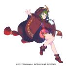  ankle_boots boots brown_cape brown_footwear chiki dress fire_emblem fire_emblem:_monshou_no_nazo fire_emblem_heroes green_eyes green_hair headpiece hood hood_up hooded_cape jumping long_hair nagisa_kurousagi official_art outstretched_arms pink_dress sash short_dress simple_background solo spread_arms standing standing_on_one_leg watermark white_background 