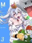  1girl absurdres bare_shoulders blue_background blurry_foreground blush boo bowser_jr. breasts character_name choker cleavage close-up collarbone commentary_request crown dress elbow_gloves eyebrows_visible_through_hair foreshortening ghost_pose gloves hair_between_eyes hair_tie highres horns initial jewelry koopa_clown_car long_hair long_tongue looking_back luigi's_mansion makitamikan mario_(series) medium_breasts new_super_mario_bros._u_deluxe off-shoulder_dress off_shoulder pendant pointy_ears princess_king_boo puffy_short_sleeves puffy_sleeves purple_tongue red_earrings red_eyes red_hair reflective_eyes sharp_teeth shiny shiny_hair short_sleeves sidelocks silver_hair solid_circle_eyes spiked_shell super_crown teeth tongue tongue_out two-tone_background white_background white_choker white_dress white_gloves wristband 