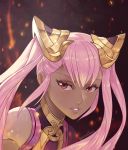  azto_dio commentary dark_skin english_commentary fire_emblem fire_emblem_heroes hair_ornament highres laevateinn_(fire_emblem_heroes) long_hair parted_lips pink_hair red_eyes solo twintails twitter_username 