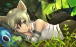  aardwolf_(kemono_friends) aardwolf_ears aardwolf_tail animal_ears bare_shoulders black_hair black_shorts cerulean_(kemono_friends) collared_shirt commentary_request dappled_sunlight day elbow_gloves extra_ears eyebrows_visible_through_hair gloves gradient_hair grey_eyes grey_hair hair_between_eyes hands_up head_rest kemono_friends light_smile long_hair looking_at_viewer lying multicolored_hair necktie on_side one-eyed outdoors parted_lips ponytail shirt shorts sleeveless sleeveless_shirt solo_focus sunlight tail tamamushi two-tone_hair upper_body wing_collar 