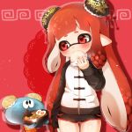  1girl blush double_bun dumpling eating egg food fried_egg inkling jellyfish jellyfish_(splatoon) momosui nintendo noodles ramen red_eyes short_shorts shorts splatoon tentacle_hair thigh_gap 